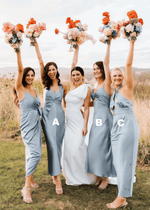 Yetta | Fashion Pleated Grey Blue Halter Satin Long Bridesmaid Dresses with Slit A Line - Price #price_variant_lowest# - Grey Blue - PromDressClub