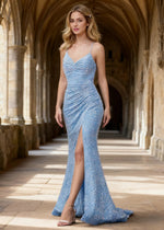 Zara Light Blue Velvet Sequins Prom Dress | Sheath Fitted Spaghetti Straps V - Neck Backless Pleated Dress with Slit - US0 - PromDressClub