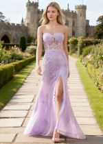 Zinnia Lavender Lace Beaded Strapless Prom Dress | Column Sweetheart Neckline Corset Formal Dress with Slit