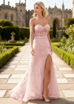 Zinnia Pink Lace Beaded Strapless Prom Dress | Column Sweetheart Neckline Corset Formal Dress with Slit