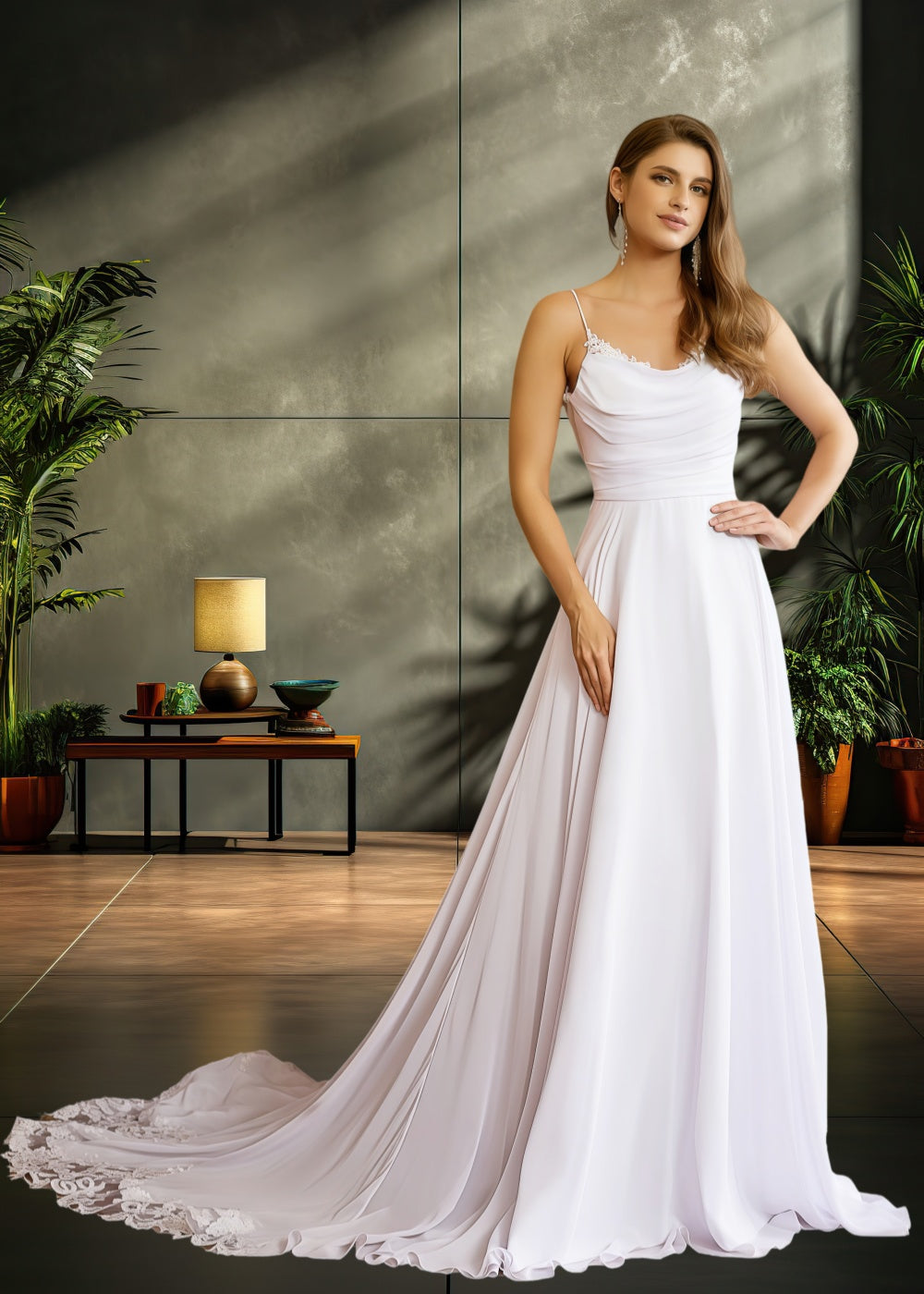 Kelly | A Line/Princess Sleeveless Spaghetti Strap Chiffon Wedding Dress with Lace Chapel Train