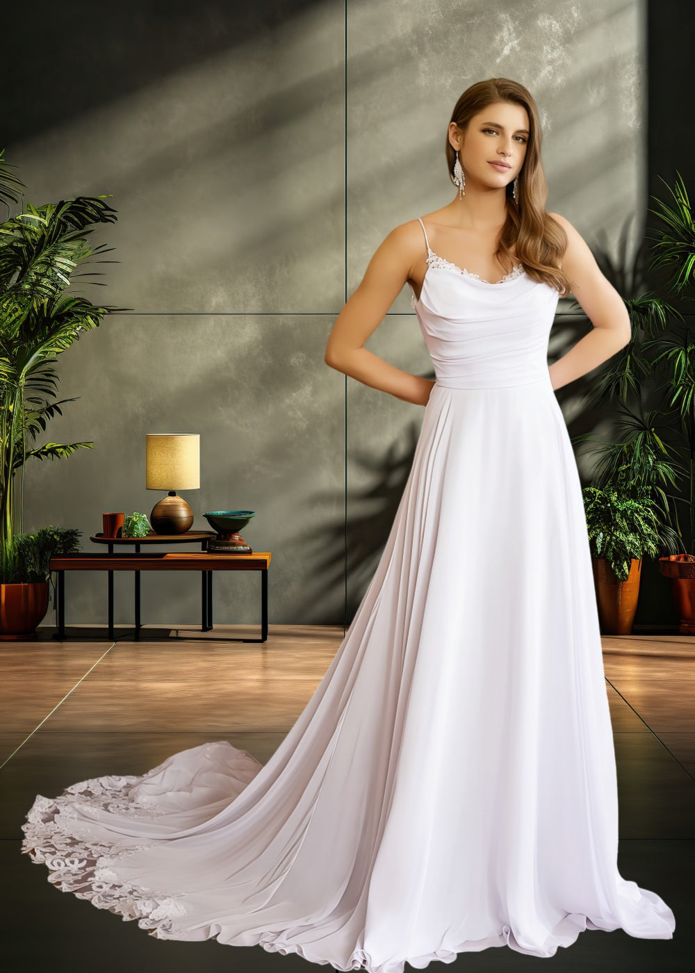 Kelly | A Line/Princess Sleeveless Spaghetti Strap Chiffon Wedding Dress with Lace Chapel Train