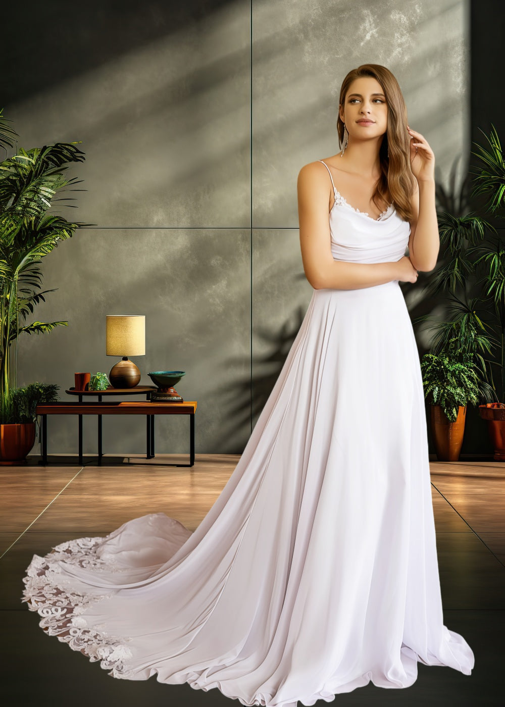 Kelly | A Line/Princess Sleeveless Spaghetti Strap Chiffon Wedding Dress with Lace Chapel Train