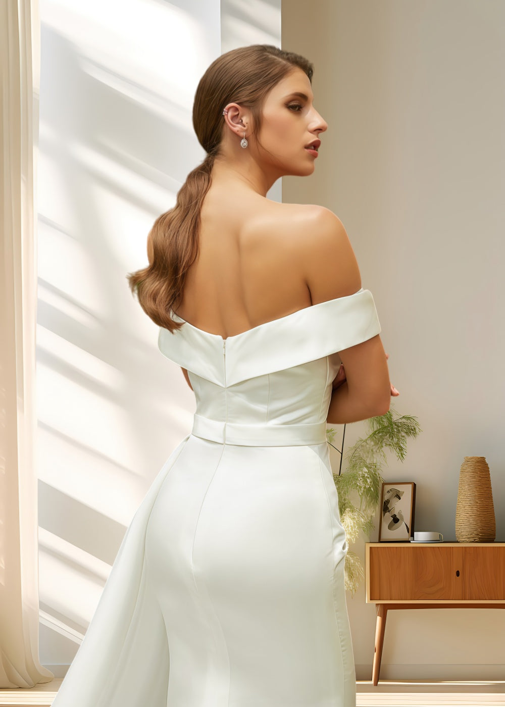 Laura | Elegant Off the Shoulder Mermaid Satin Ruched Wedding Dress with Train