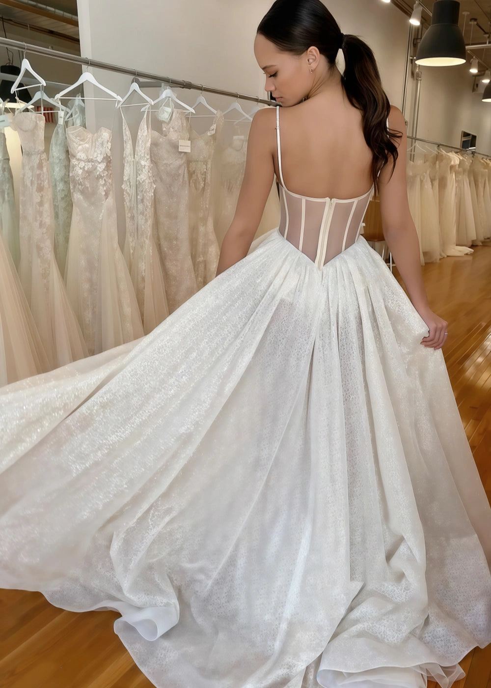 Lillian | Stunning Sheer Corset Spaghetti Strap Wedding Dress with High Slit