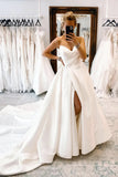 Marjorie | Ball Gown Strapless Ivory Satin Wedding Dress with Slit and Long Train