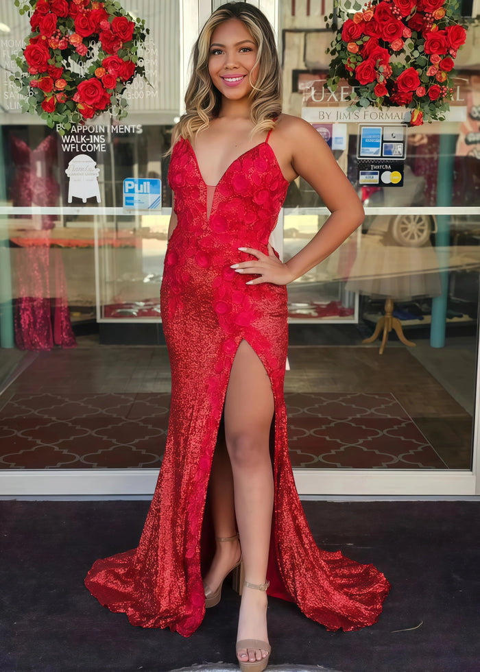 Daphne | Long Orange Prom Dress Sequins With Mermaid V Neck 3D Flower Slit - Red - PromDressClub