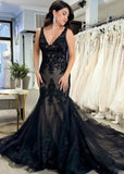 Mandy | Gothic Black Mermaid V Neck Lace Wedding Dress with Long Train