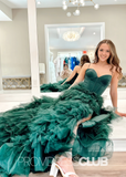 Elvira |A Line Dark Green Prom Dresses Long Sweetheart Tulle Tiered Corset