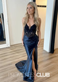 Fay |Mermaid Navy Blue Prom Dresses Long V Neck with Slit