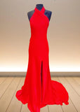 Eleanor | Stunning Red Satin Halter Neck Backless Formal Dress with Slit – Elevate Your Formal Event Style