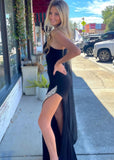 Blanche | Mermaid Long Black Prom Dress with One Shoulder Polyester Split Front