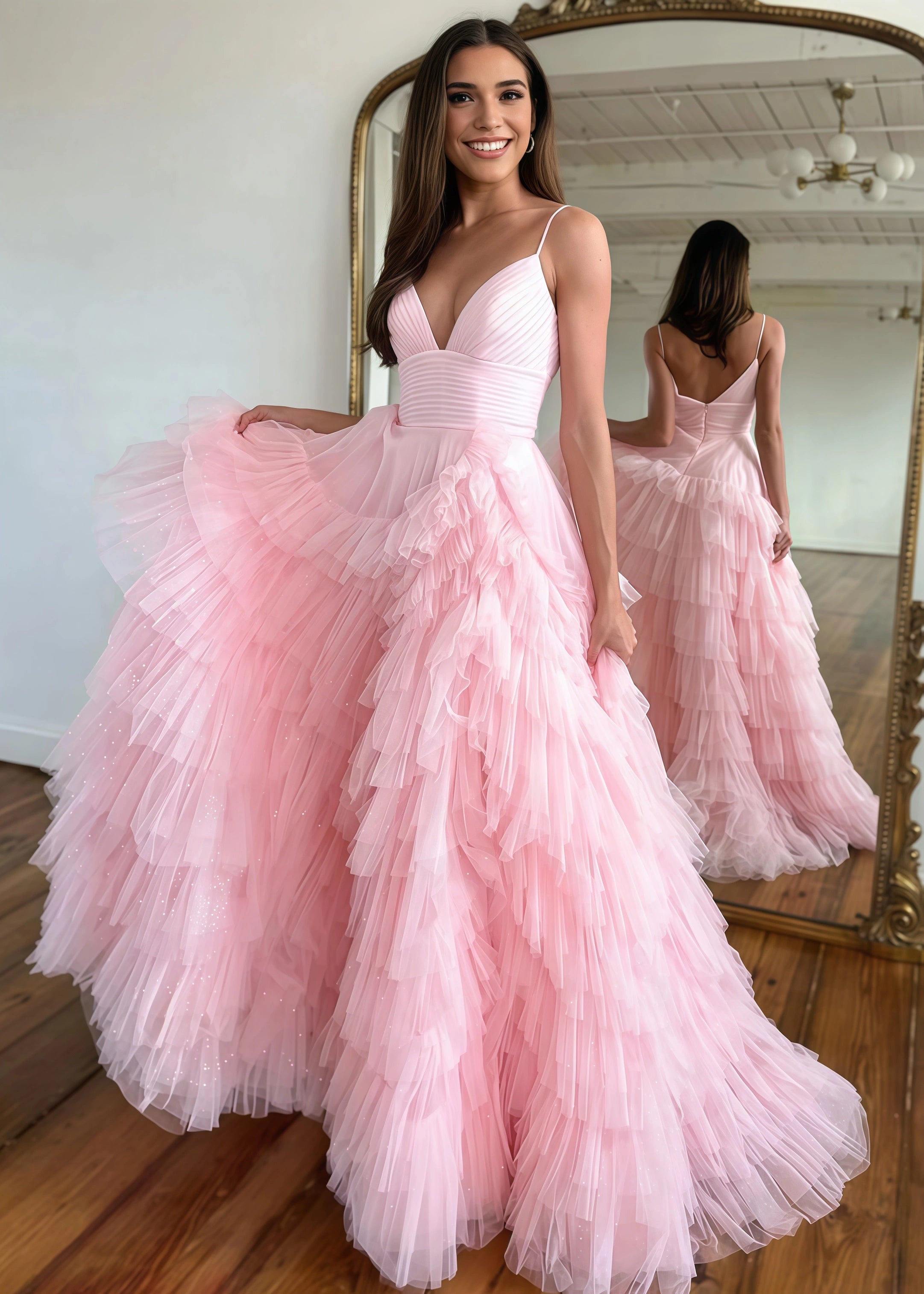 Isabel |Pink Long Prom Dress With A - Line Spaghetti Straps Tiered Tulle - Light Pink - US0 - PromDressClub