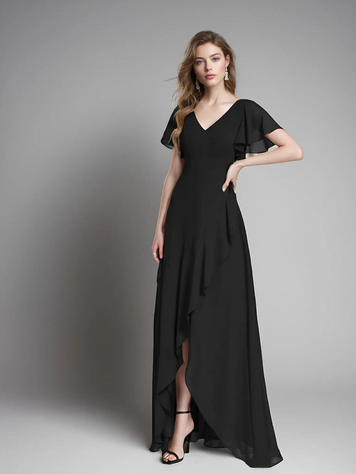 Theresa | Champagne and Royal Blue Plus Size A Line ruffle Prom Dress with Slit - Rose Gold - PromDressClub