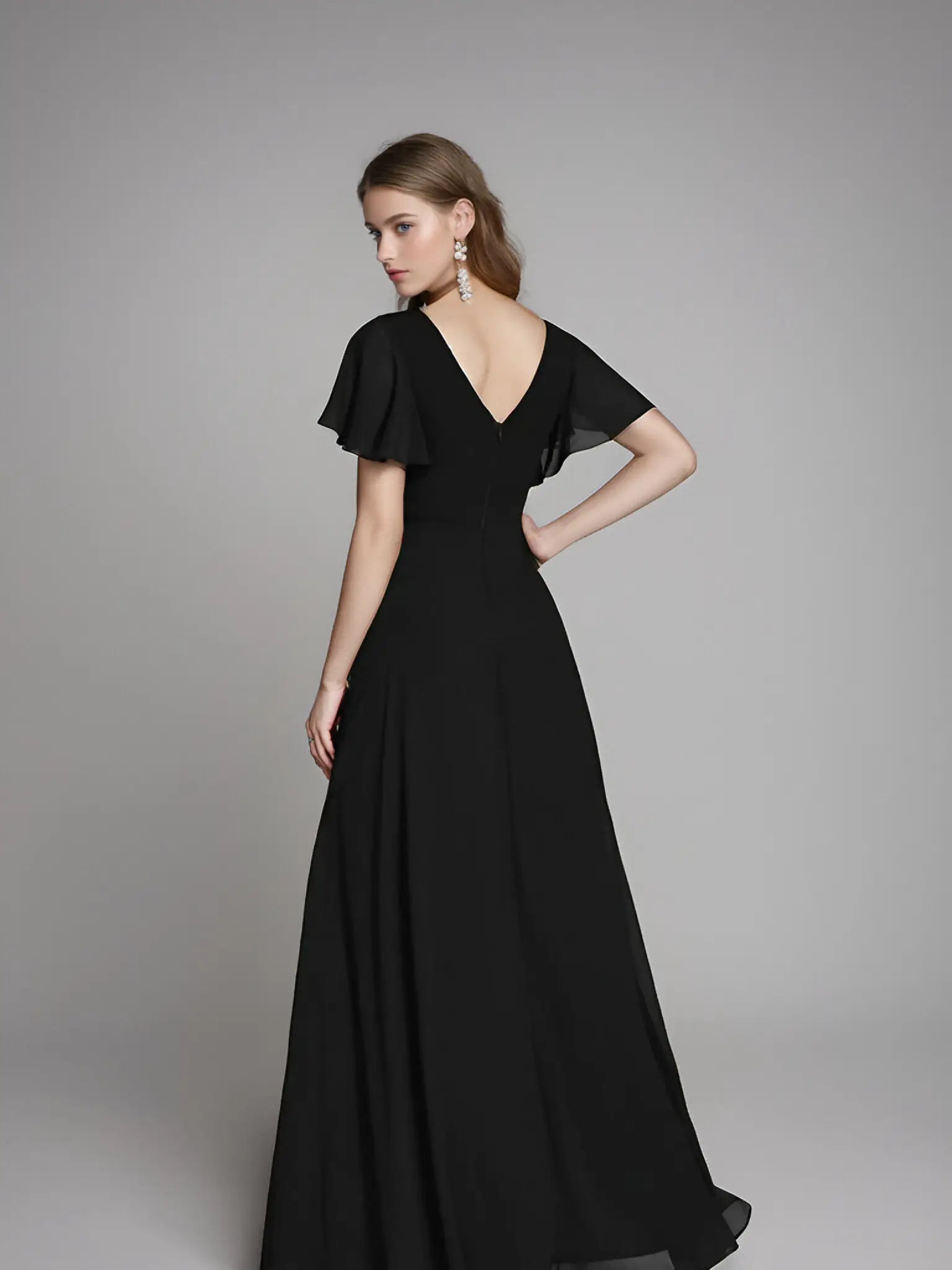 Theresa | Champagne and Royal Blue Plus Size A Line ruffle Prom Dress with Slit - Rose Gold - PromDressClub