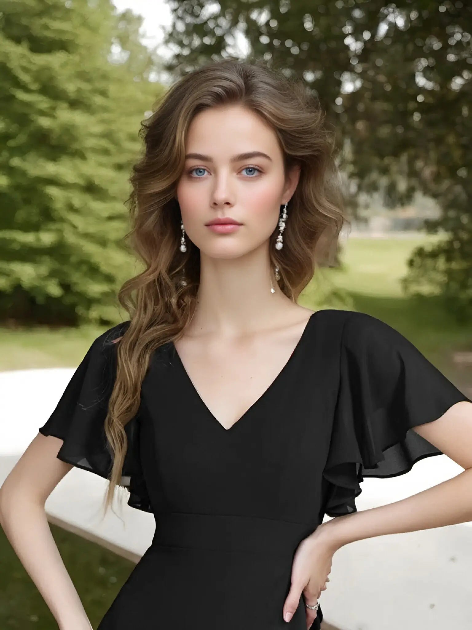 Theresa | Champagne and Royal Blue Plus Size A Line ruffle Prom Dress with Slit - Rose Gold - PromDressClub