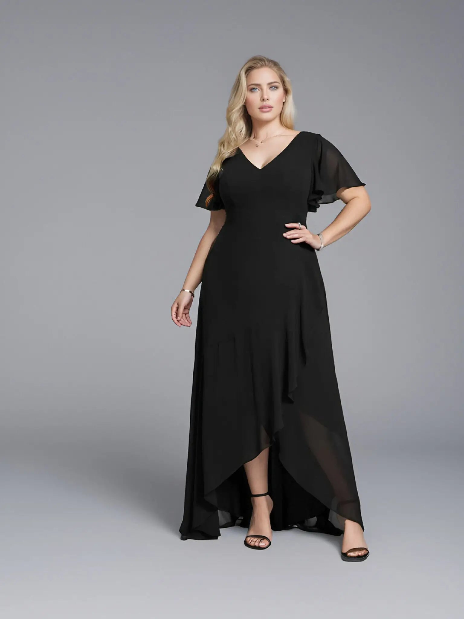 Theresa | Champagne and Royal Blue Plus Size A Line ruffle Prom Dress with Slit - Black - PromDressClub