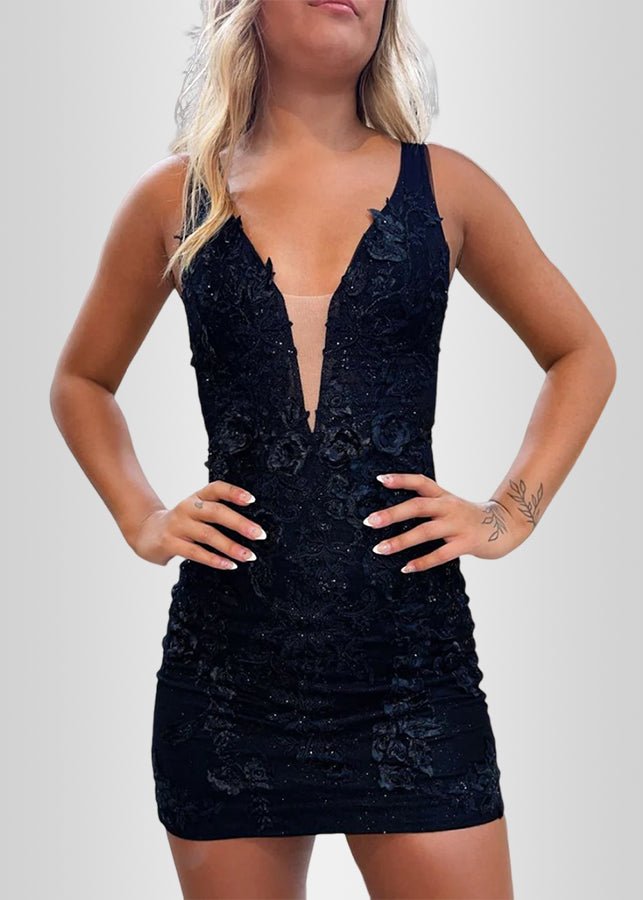 Pamela |Lilac Homecoming Dresses Short Deep V - Neck With Applique - Lilac - PromDressClub