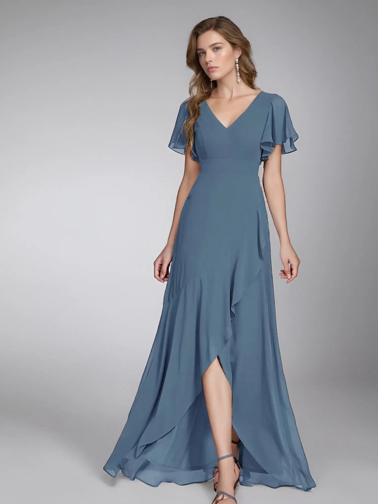 Theresa | Champagne and Royal Blue Plus Size A Line ruffle Prom Dress with Slit - Dusty Blue - PromDressClub