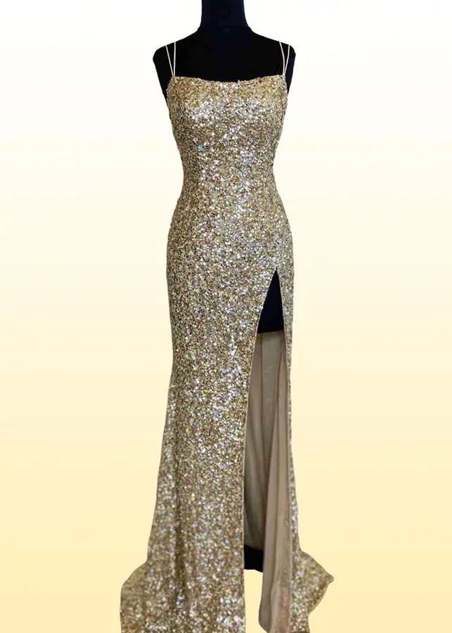 Julia | Royal Blue Prom Dresses Long Mermaid Sparkle Sequins Spaghetti Straps with Slit - Gold - PromDressClub