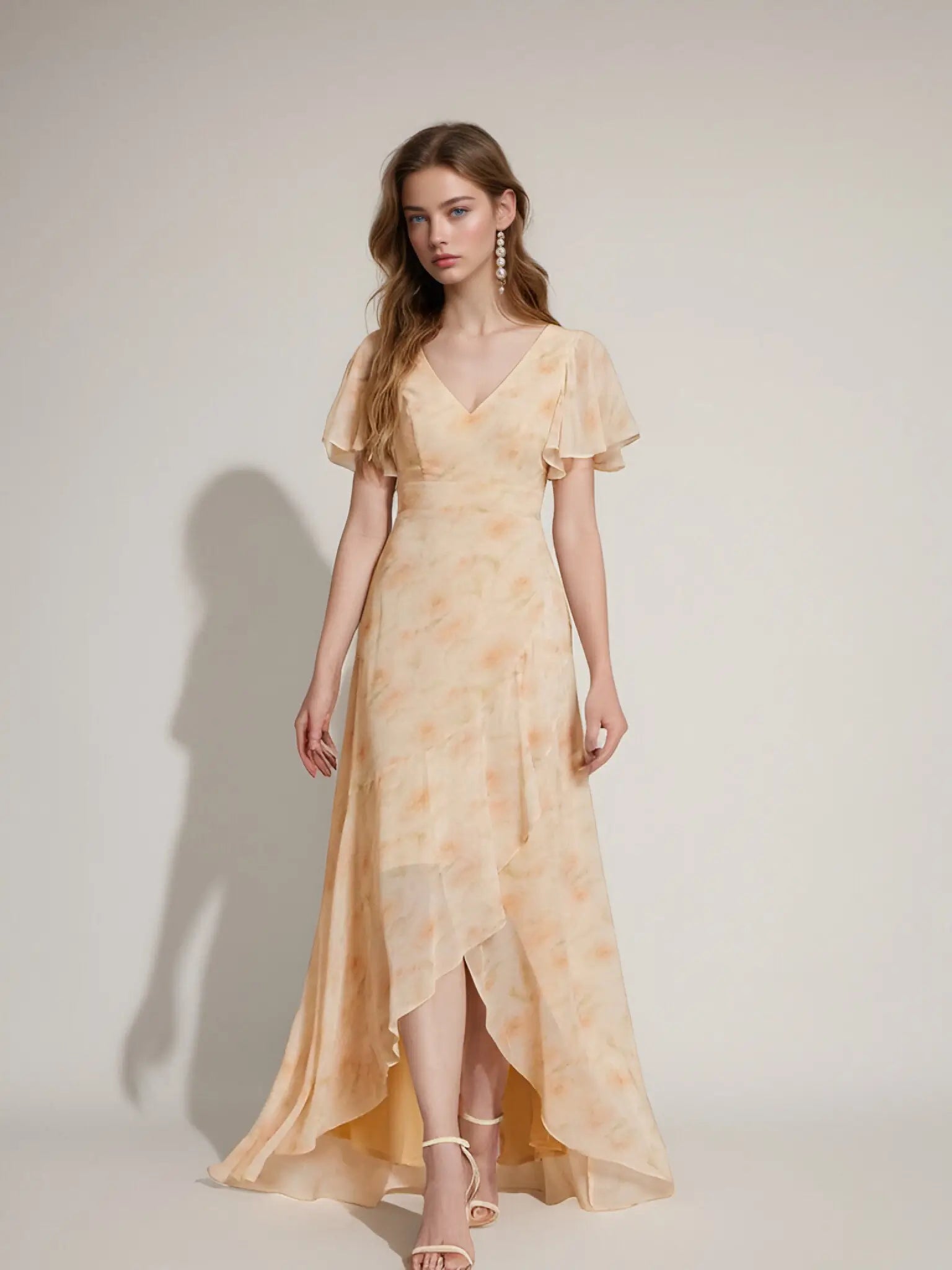 Theresa | Champagne and Royal Blue Plus Size A Line ruffle Prom Dress with Slit - Rose Gold - PromDressClub