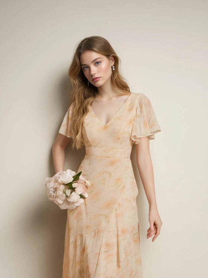 Theresa | Champagne and Royal Blue Plus Size A Line ruffle Prom Dress with Slit - Rose Gold - PromDressClub