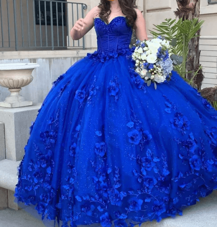 Linda |Hot Sweetheart Royal Blue Quince Dress Beaded Flowers with Bow - Custom Color - US0 - PromDressClub