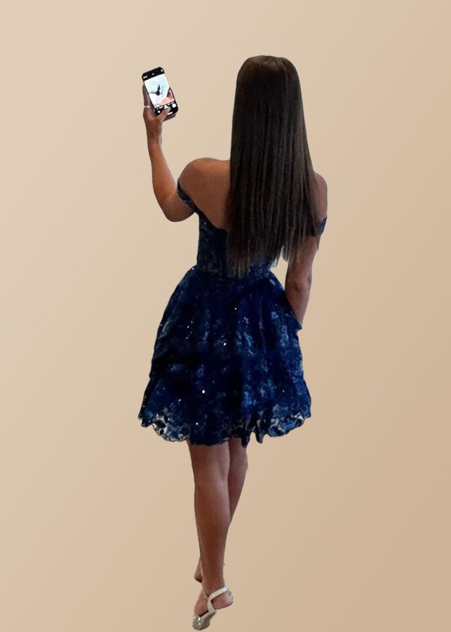 Gold Cocktail Dress Short Lace Cute Off Shoulder With Layered | PromDressClub