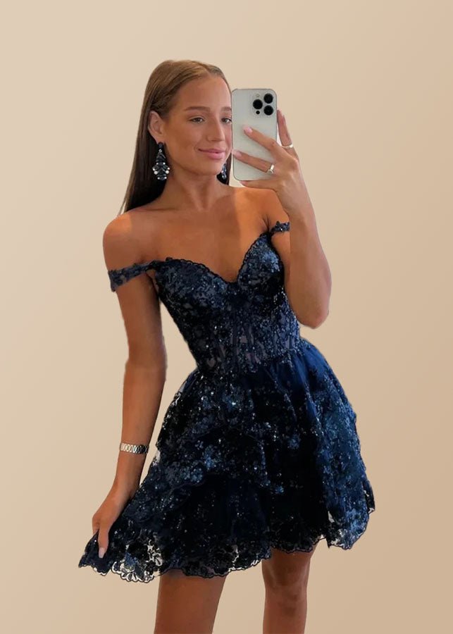 Gold Cocktail Dress Short Lace Cute Off Shoulder With Layered | PromDressClub