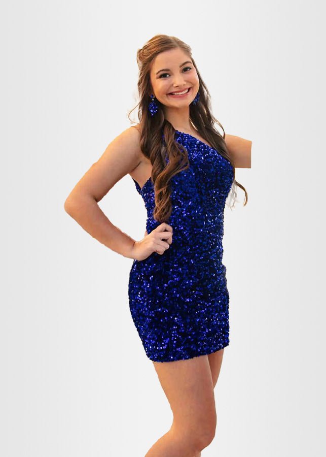 Lindsay |Orange Homecoming Dresses Short Long Sleeve One Shoulder Sequined - Navy Blue - PromDressClub