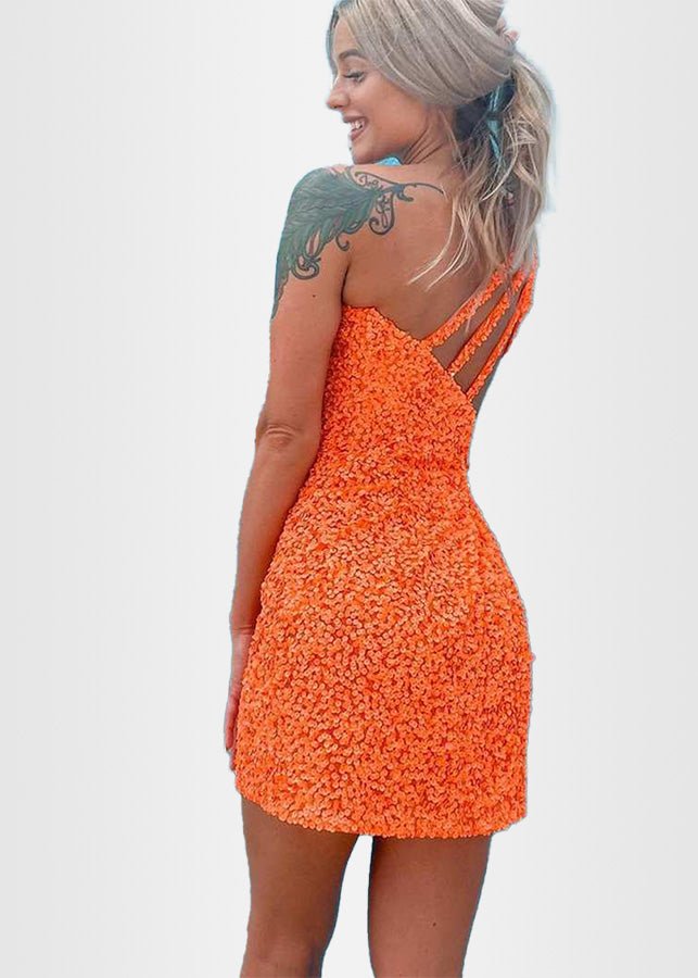 Lindsay |Orange Homecoming Dresses Short Long Sleeve One Shoulder Sequined - Orange - PromDressClub