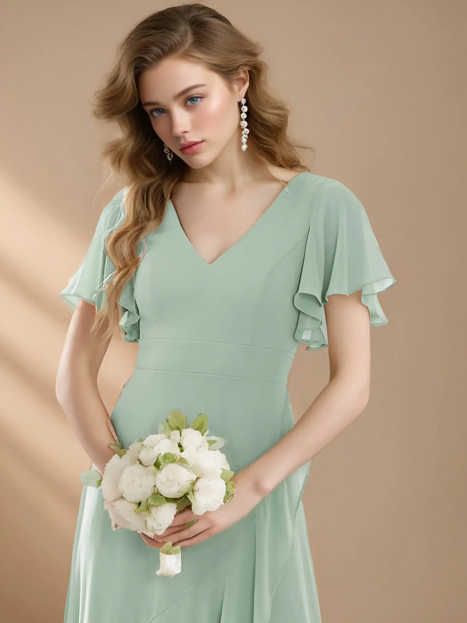 Theresa | Champagne and Royal Blue Plus Size A Line ruffle Prom Dress with Slit - Sage Green - PromDressClub