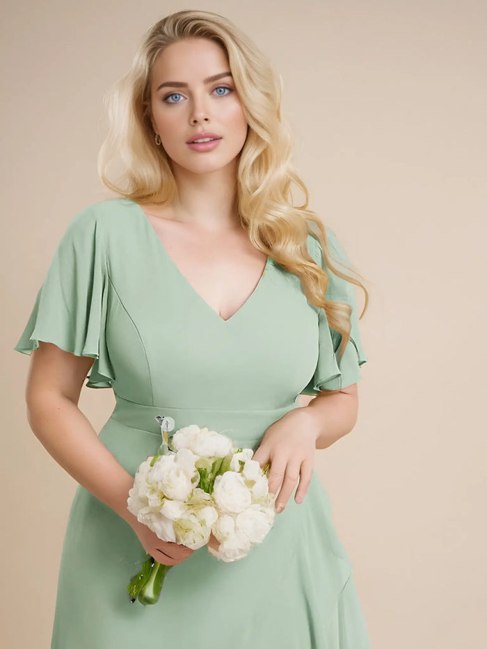 Theresa | Champagne and Royal Blue Plus Size A Line ruffle Prom Dress with Slit - Sage Green - PromDressClub