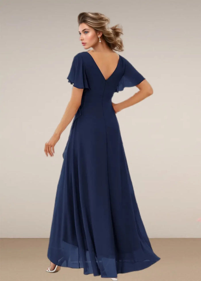 Theresa | Champagne and Royal Blue Plus Size A Line ruffle Prom Dress with Slit - Navy Blue - PromDressClub