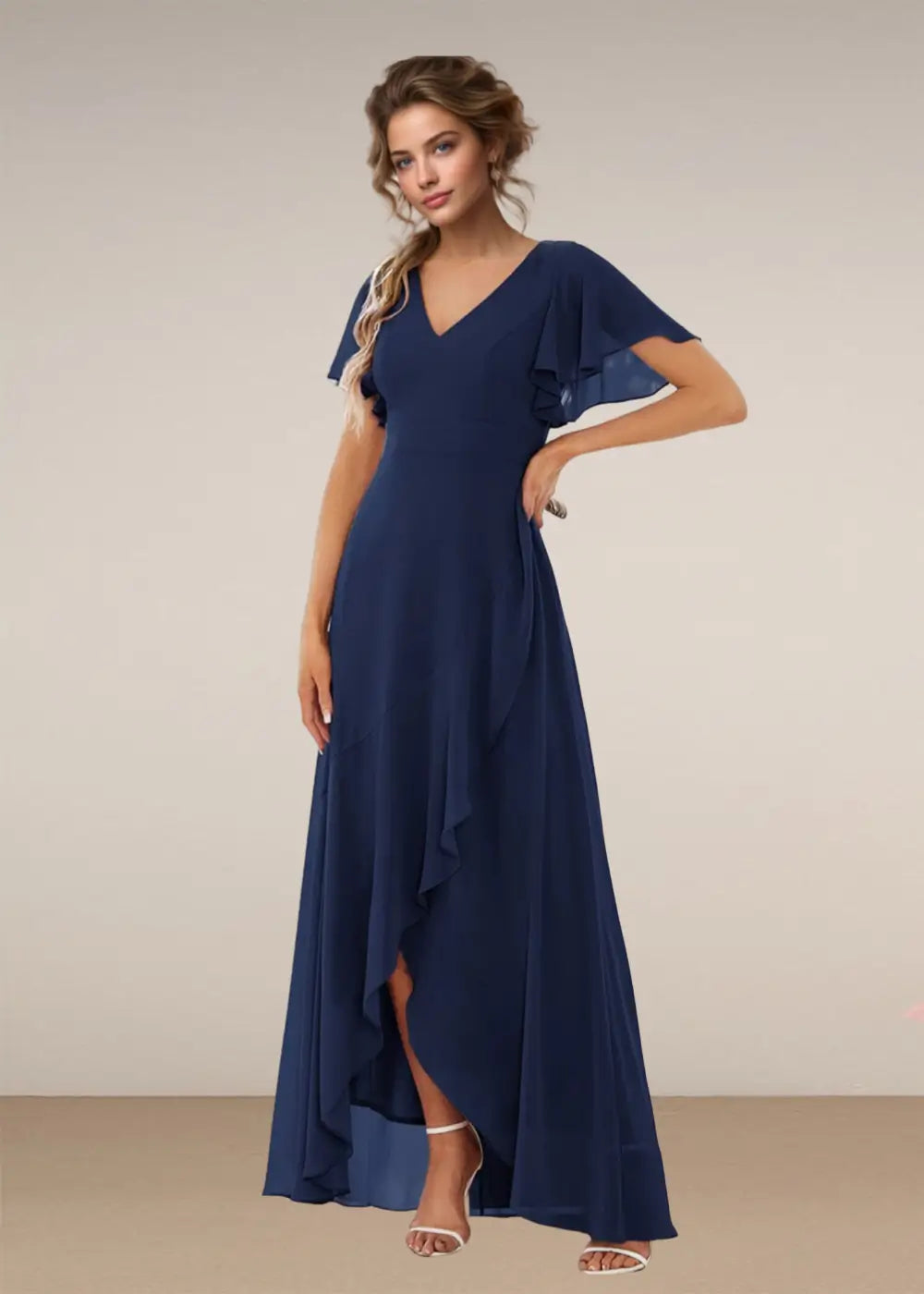 Theresa | Champagne and Royal Blue Plus Size A Line ruffle Prom Dress with Slit - Navy Blue - PromDressClub