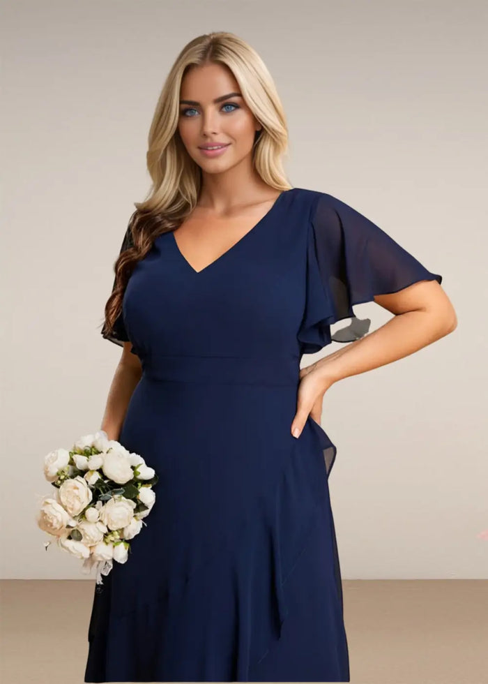 Theresa | Champagne and Royal Blue Plus Size A Line ruffle Prom Dress with Slit - Navy Blue - PromDressClub
