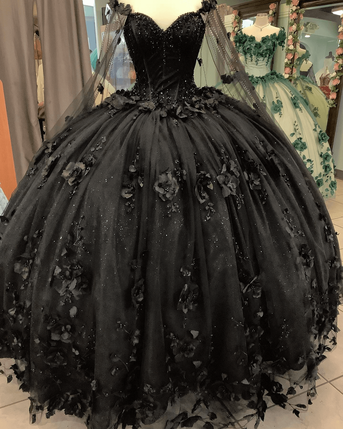 Sheila |Off the Shoulder Ball Gown Black Quince Dresses with Flowers Beaded - Black - US0 - PromDressClub