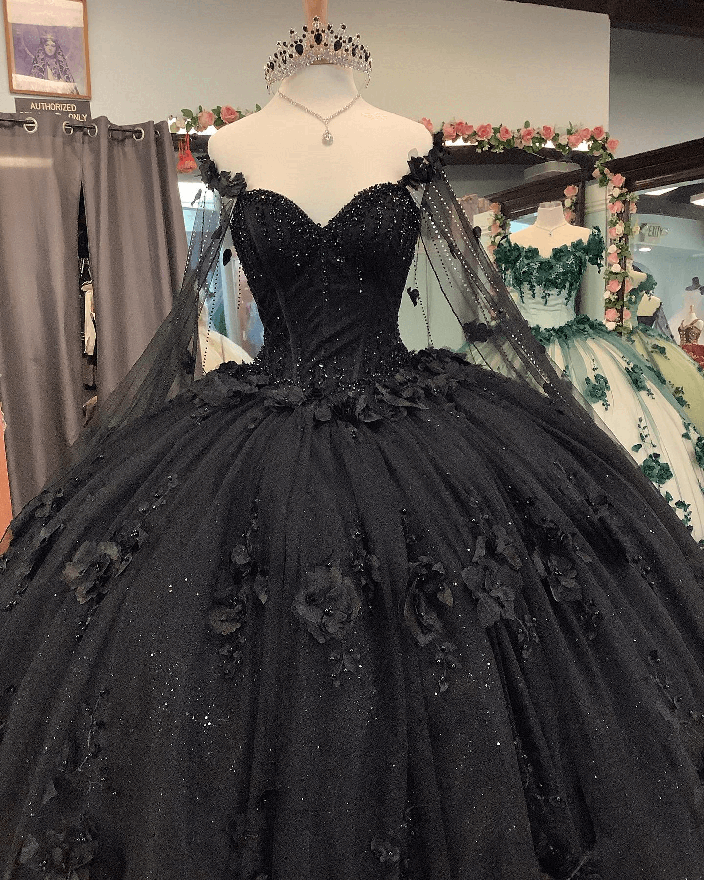 Sheila |Off the Shoulder Ball Gown Black Quince Dresses with Flowers Beaded - Black - US0 - PromDressClub