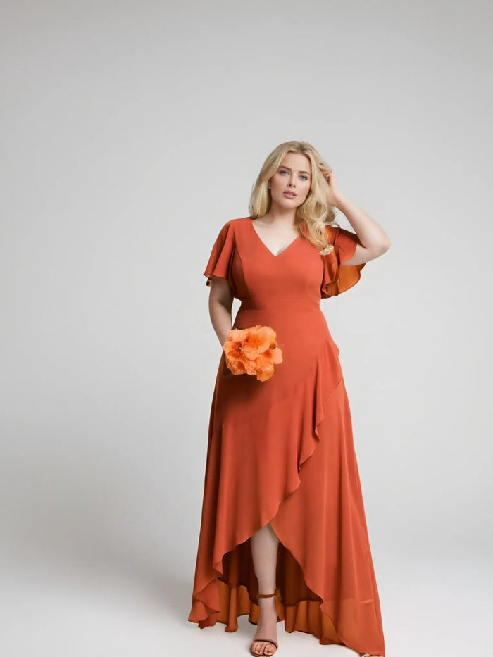 Theresa | Champagne and Royal Blue Plus Size A Line ruffle Prom Dress with Slit - Orange - PromDressClub