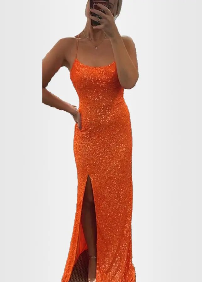 Novia | Royal Blue Prom Dresses Long Mermaid Glitter Sequins with Slit - Orange - PromDressClub
