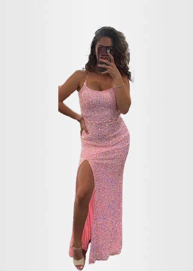 Novia | Royal Blue Prom Dresses Long Mermaid Glitter Sequins with Slit - Pink - PromDressClub