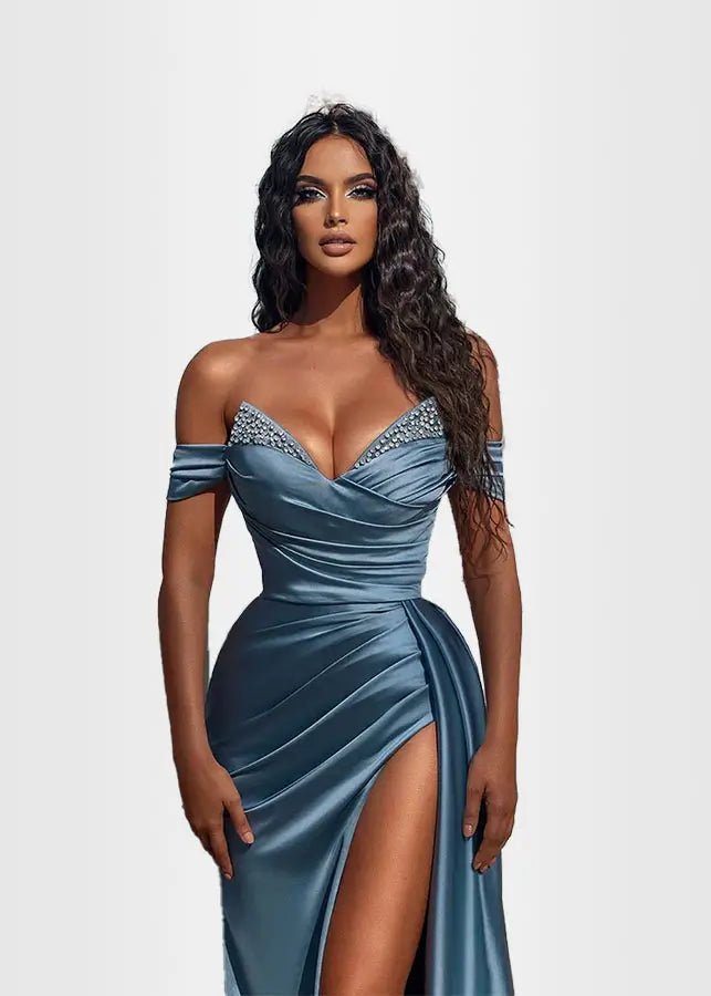 Katherine |Satin Mermaid Long Dusty Blue Prom Dress with Slit - Dusty Blue - US0 - PromDressClub