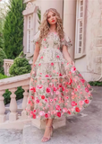 Eva | Champagne Flower Short Sleeve Midi Prom Dress - Exquisite Floral Design