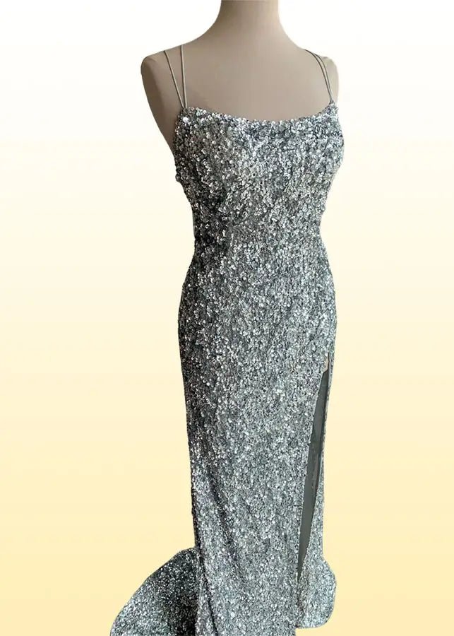Julia | Royal Blue Prom Dresses Long Mermaid Sparkle Sequins Spaghetti Straps with Slit - Silver - PromDressClub