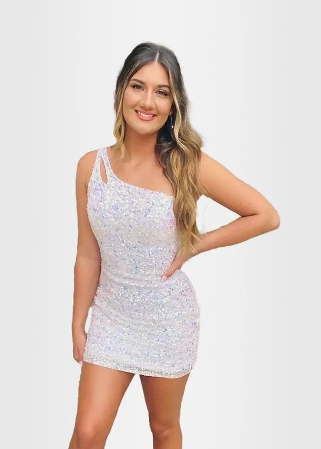 Modesty |Bodycon Stunning One Shoulder White Sequin Mini Dress - White - PromDressClub
