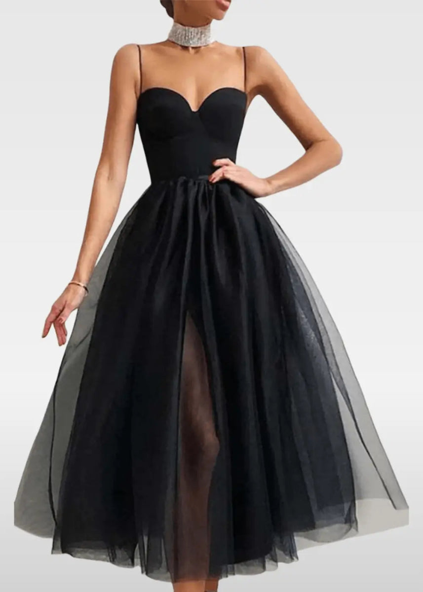 Wallis |A - line Corset Dress V - Neck Midi Simple Short Prom Dress with Tulle - Black - US0 - PromDressClub