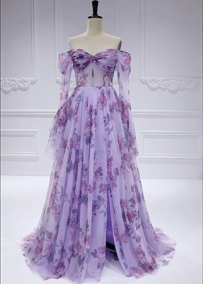 Adele | A Line Lavender Floral Off the Shoulder Formal Dress with Slit - Lavender Floral - PromDressClub
