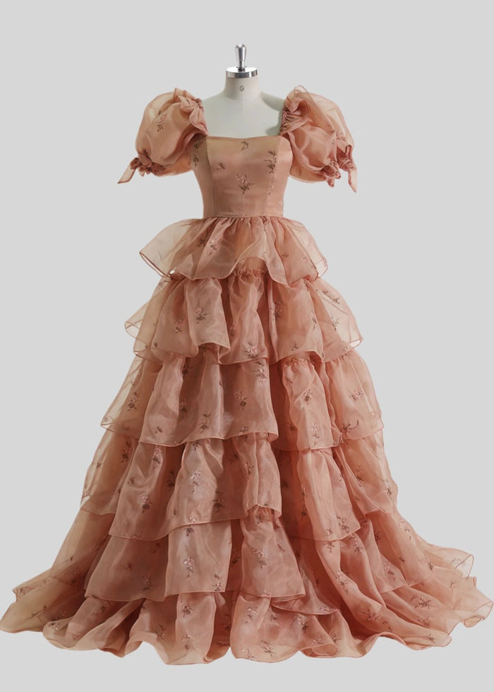 A Line Light Blue Floral Puff Sleeve Ruffle Maxi Formal Dress - Blush Floral - PromDressClub