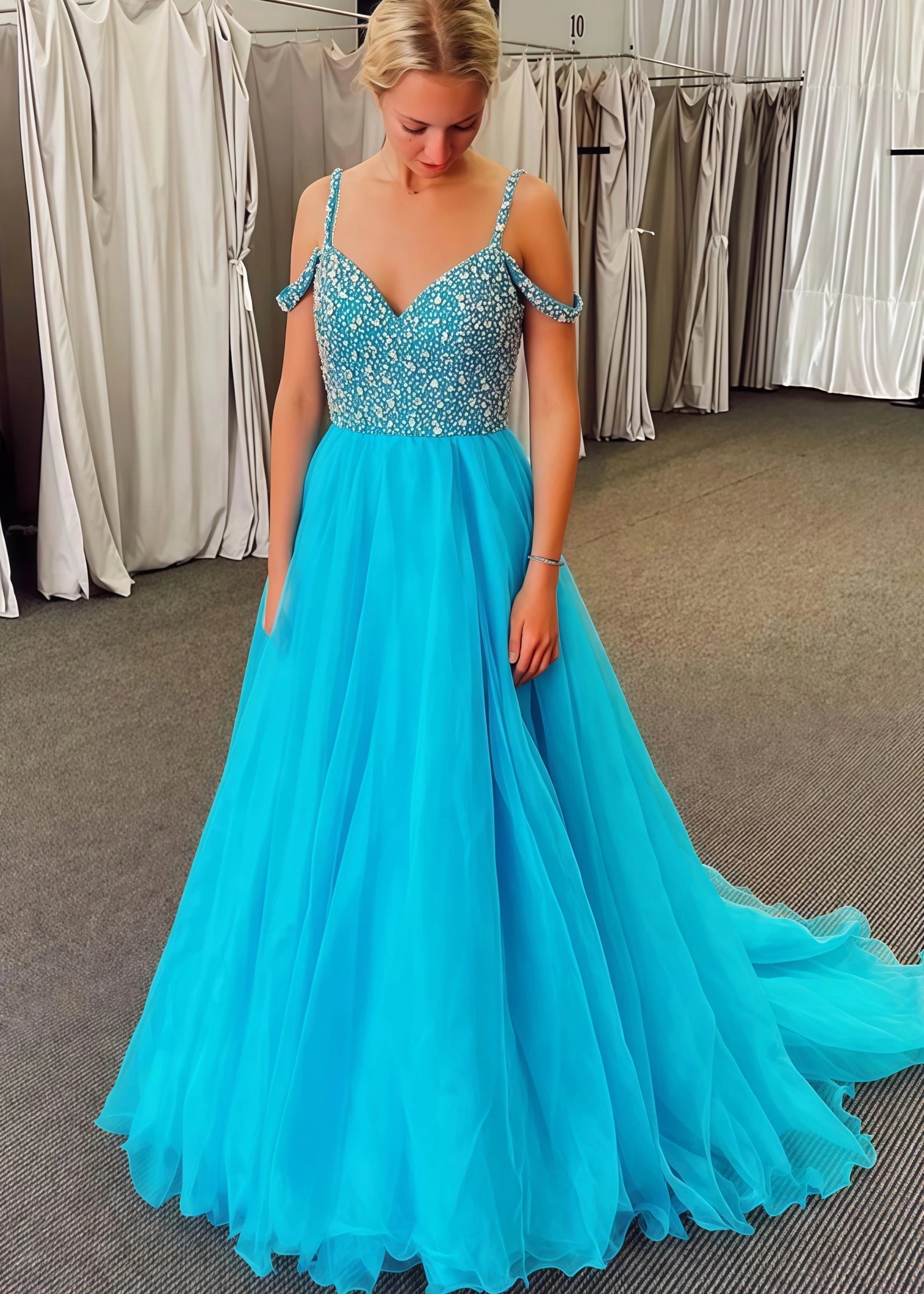 Arlene |A Line Off the Shoulder Blue Lace Long Prom Dress with Beading - Blue - US0 - PromDressClub