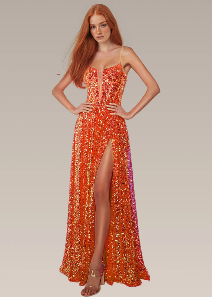 Tina | Red Sequin A Line Corset Backless Prom Dress with Slit - Orange - PromDressClub